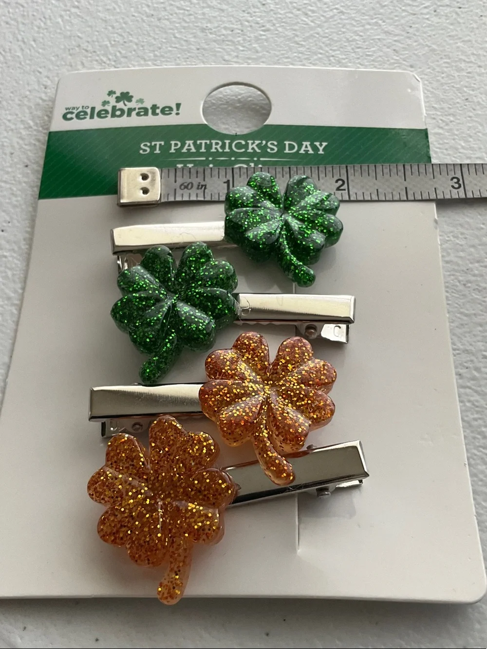 St. Patrick's Day Kids Hair Clips - Green & Orange Glitter Clover
